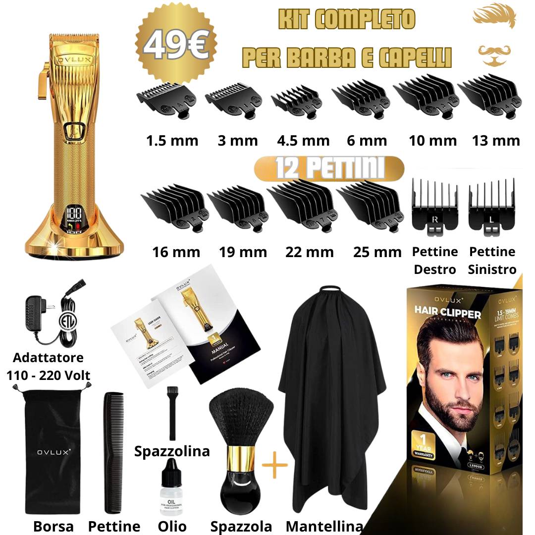 Rasoio elettrico cordless con pettini guida e accessori per barba e capelli