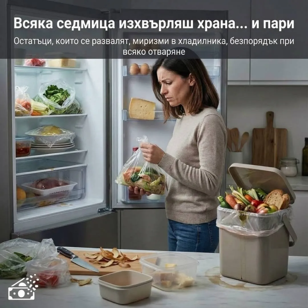 Хладилник, пълен с подредени продукти във вакуум пликове, запечатани с FRESKO