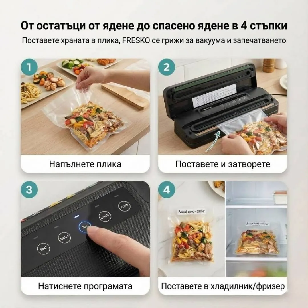 Кухненски плот с FRESKO и различни продукти, разделени на порции и запечатани