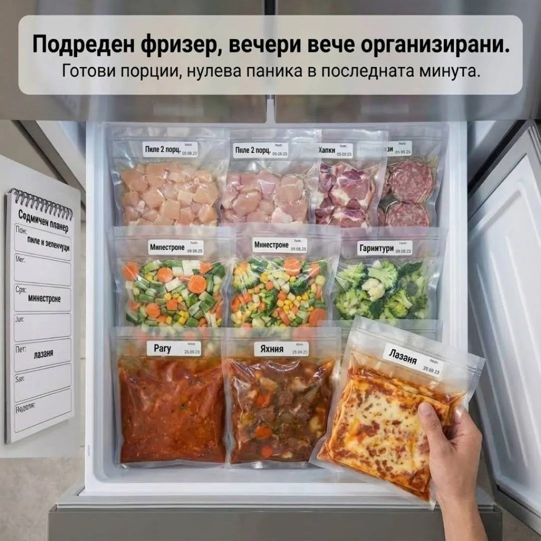 Маса със седмична покупка, разделена във вакуум пликове, запечатани с FRESKO