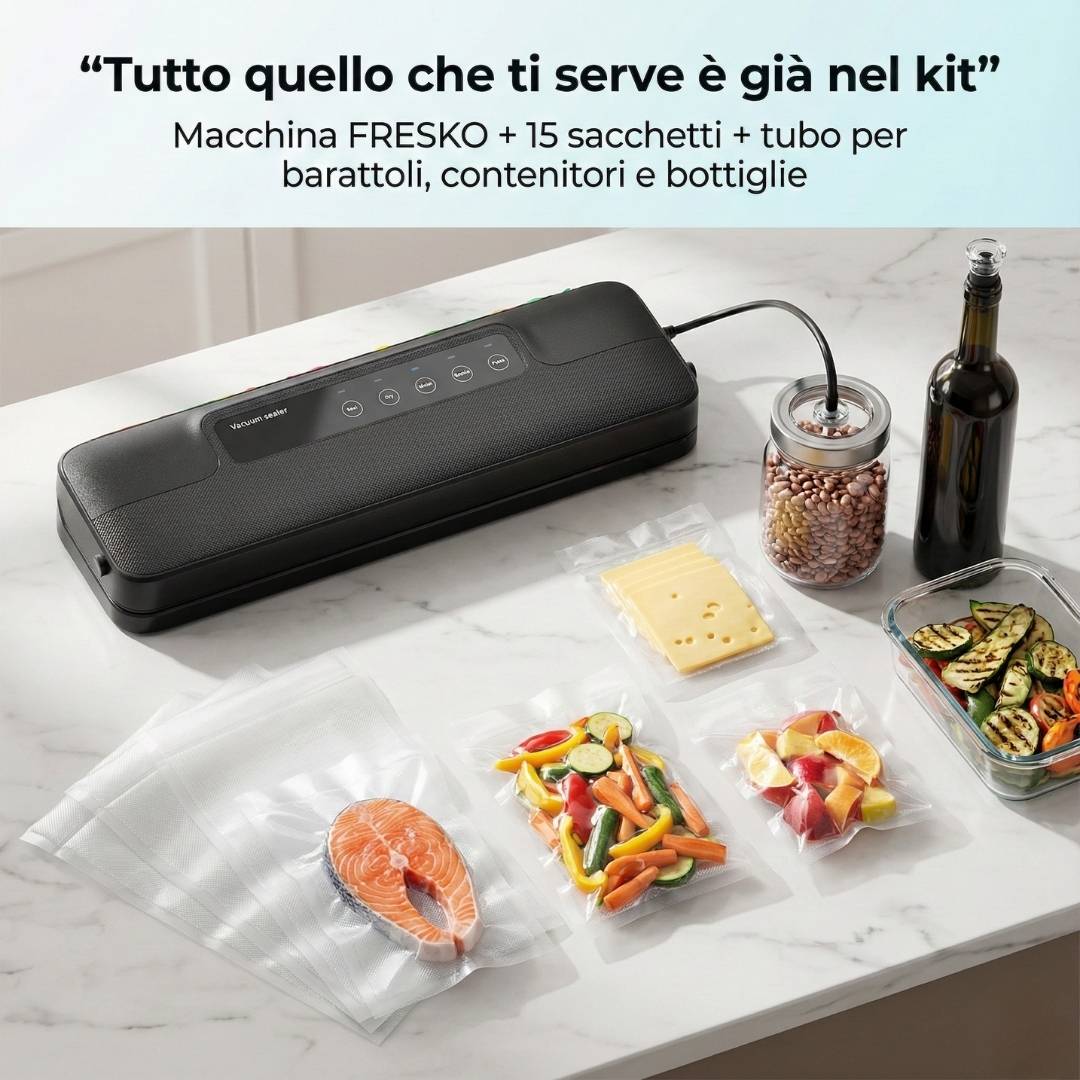FRESKO con sacchetti e tubo a vuoto appoggiati vicino alla confezione sul tavolo