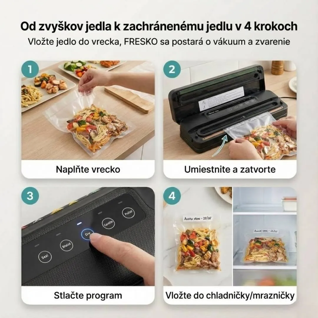 Kuchynská linka s FRESKO a rôznymi potravinami rozdelenými na porcie a zatavenými