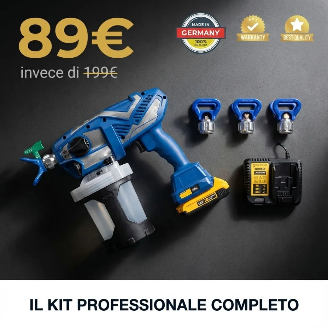 Kit verniciatore cordless 18V completo con batteria, caricabatteria e 3 ugelli professionali