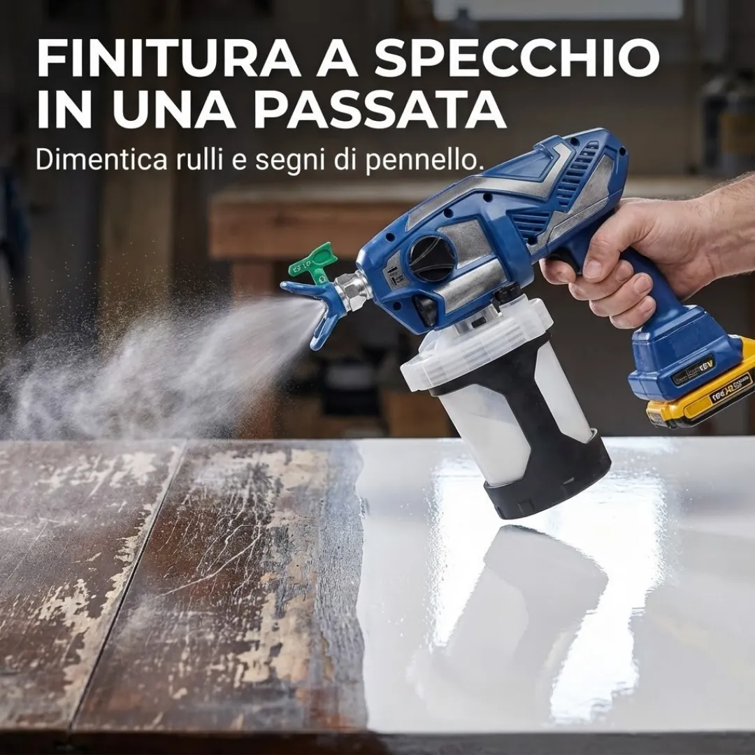 Finitura a specchio su superficie in legno con verniciatore a batteria