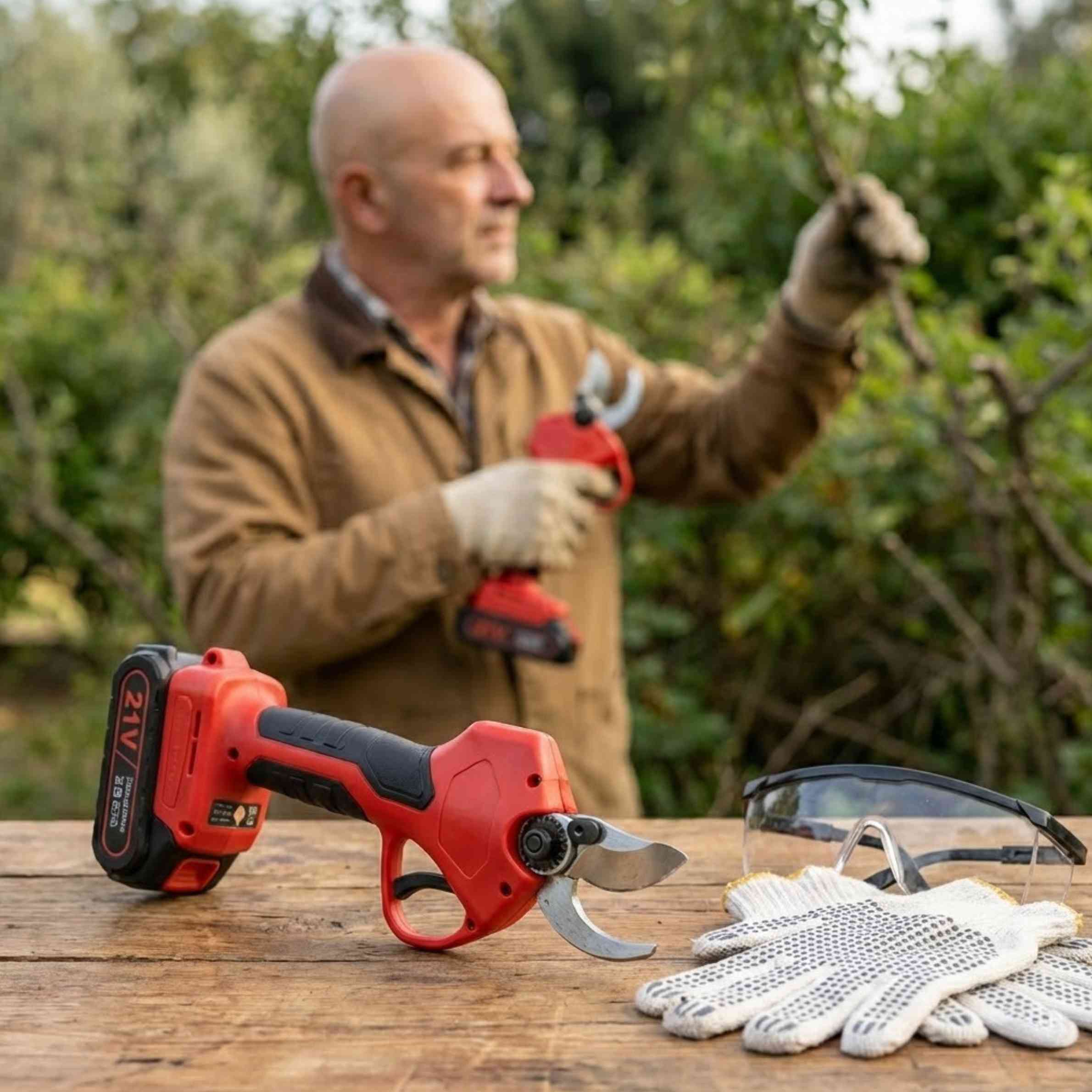 Valigetta aperta con cesoia a batteria, batterie, lame di ricambio, guanti e occhiali protettivi