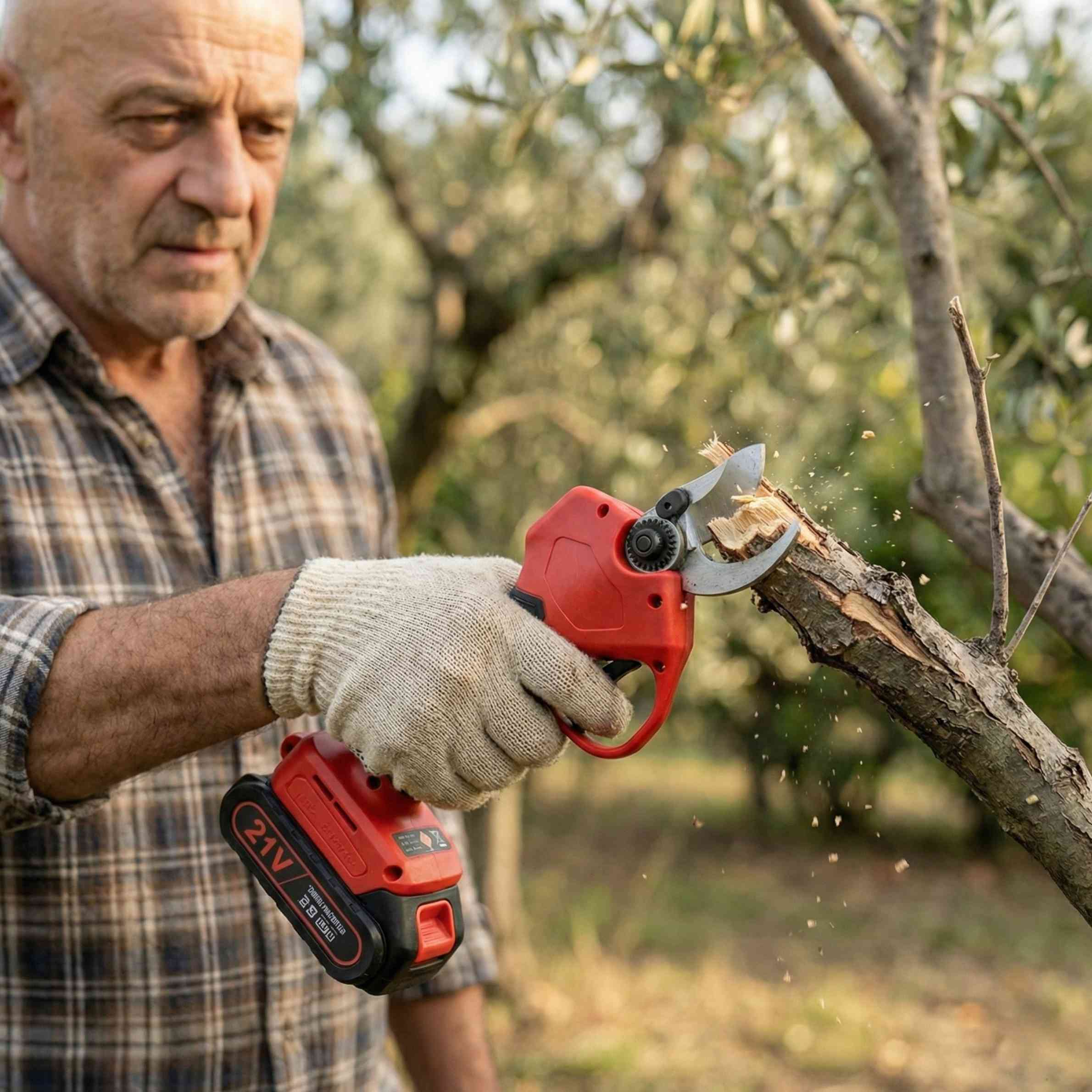Cesoia a batteria 21V con batterie, lame di ricambio e accessori sistemati nella valigetta