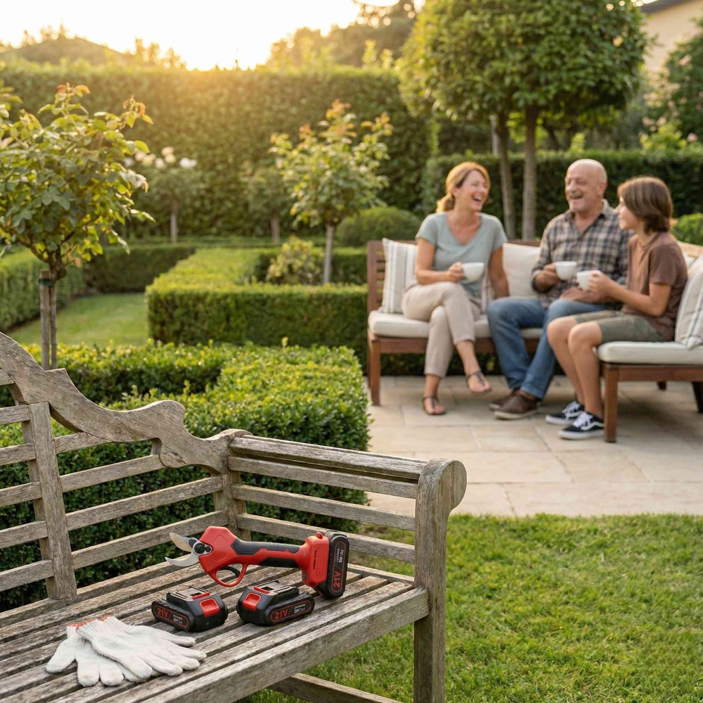 Dettaglio delle lame in acciaio e della batteria della cesoia a batteria 21V