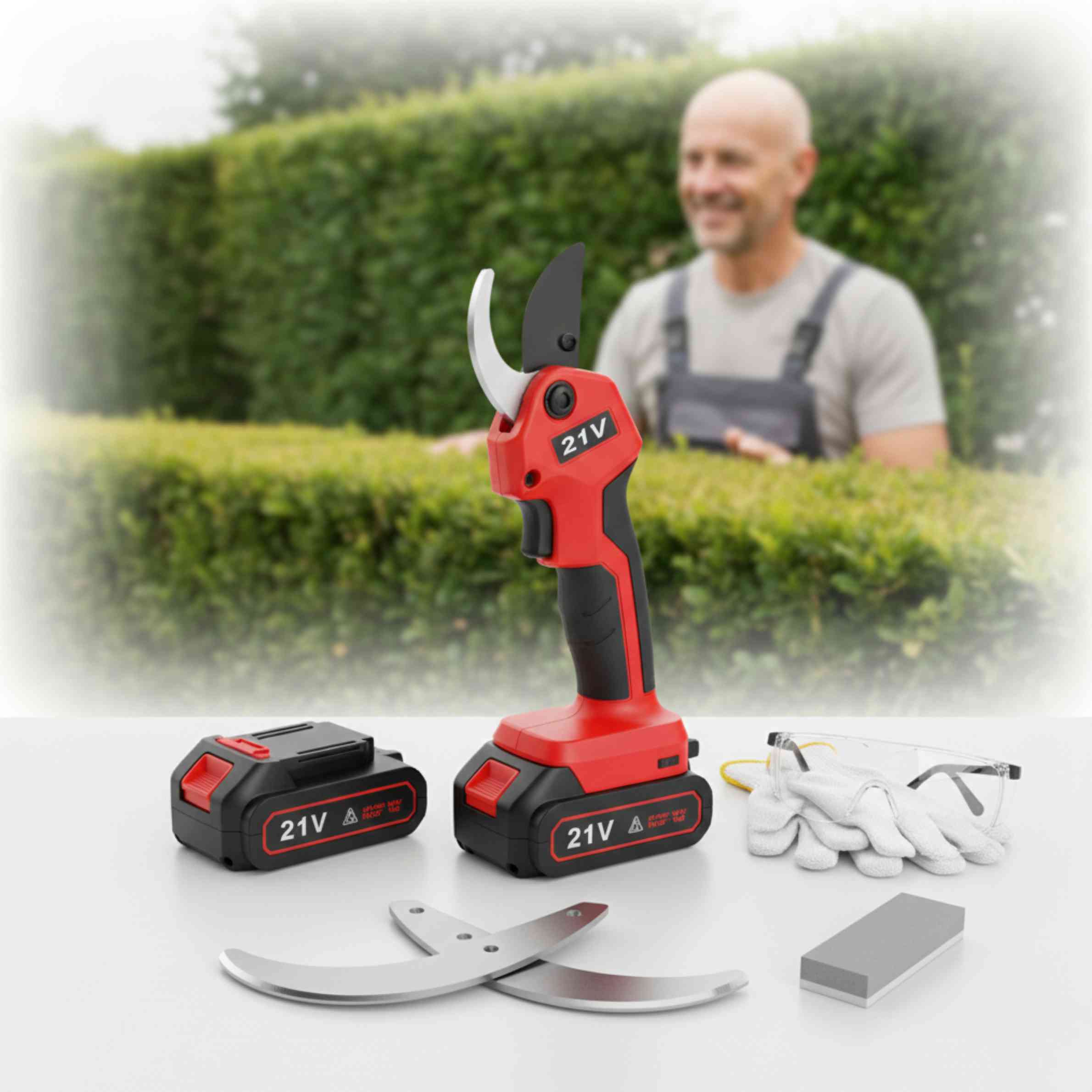 Valigetta con cesoia a batteria e accessori pronta per essere usata in giardino