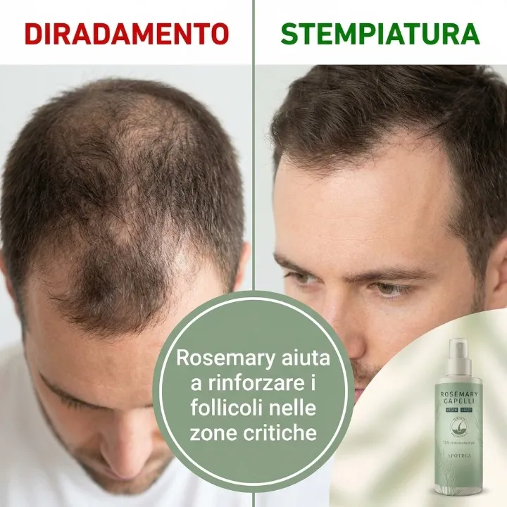 Uomo che si guarda allo specchio preoccupato per i capelli